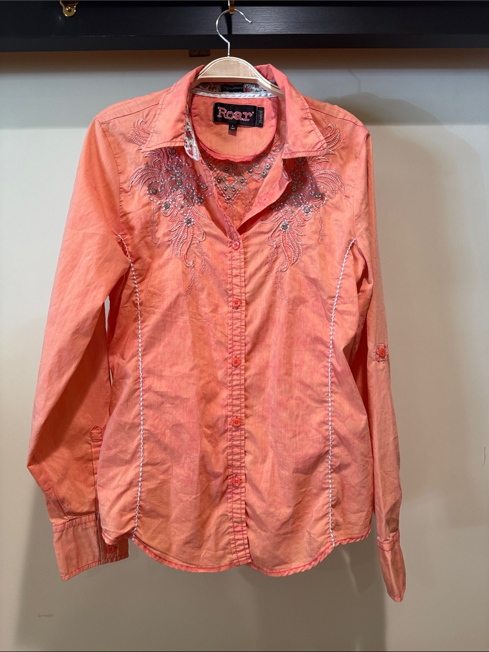 Roar Coral Embroidered Button-Down Shirt